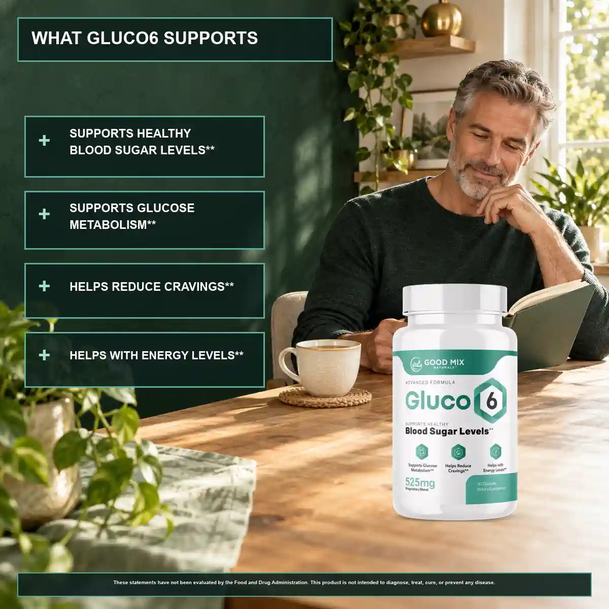 Gluco6 listing panel showing what the capsule is said to support