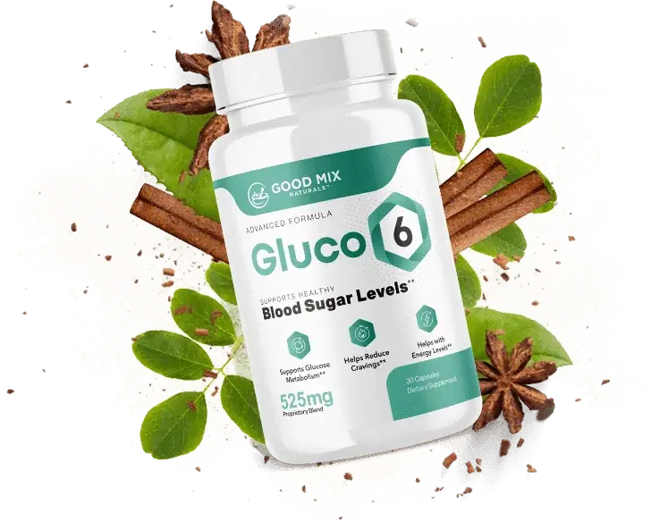 A Gluco6 bottle surrounded by cinnamon bark, green tea leaves and star anise