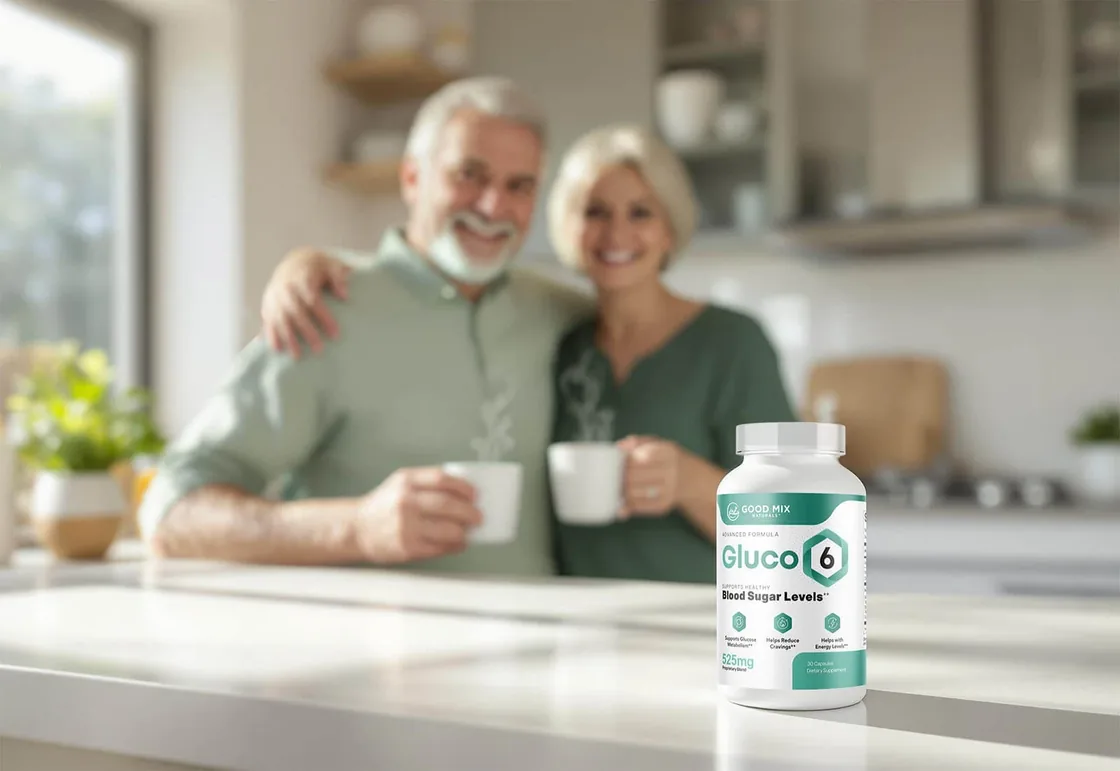 Gluco6 bottle on a warm yellow ground with capsules beside it